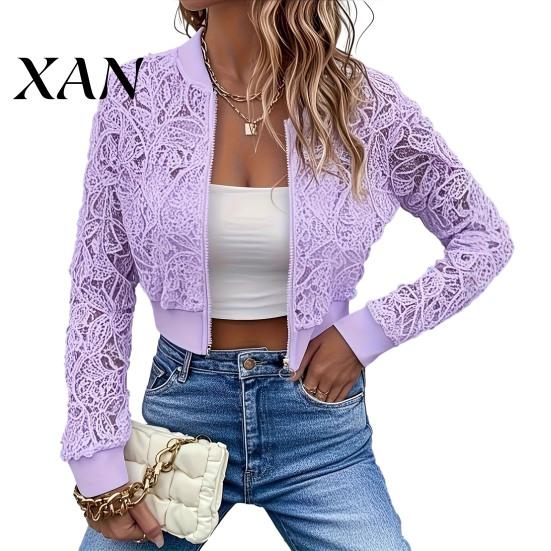 Women Jacket Women s Floral Lace Jacket, Sexy See Through Long Zipper Closure Sleeve Crop Coat, Zip-Up Sheer Lightweight Outerwear S фиолетовый