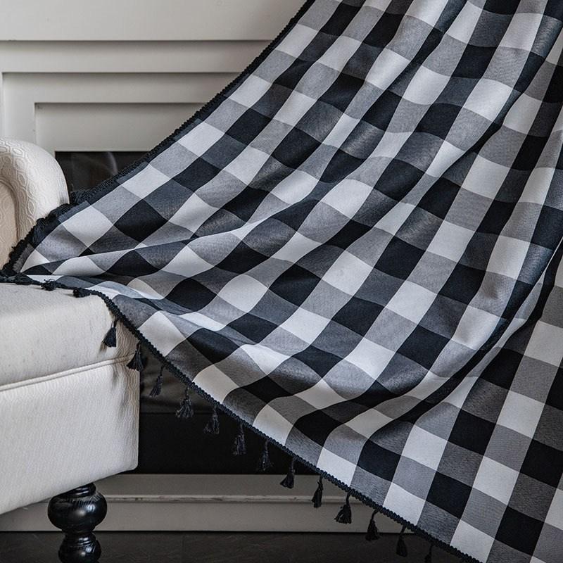 Cotton Linen American Plaid CurtainThick with Tassels Curtains for Living Room Drape Kitchen Valance for The Luxury Living Room