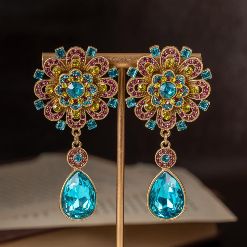 

Дворцовый стиль, инкрустированный цветами из разноцветных цирконов, Антикварные серьги, Модные, Легкая роскошь, Элегантные, Персонализированные, Капля воды синий