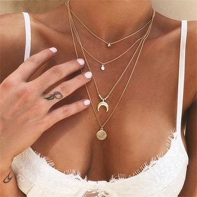 Charm Women Choker Crescent Moon Bell Round Pendant Multilayer Necklace Bohemian Jewelry Party Gift