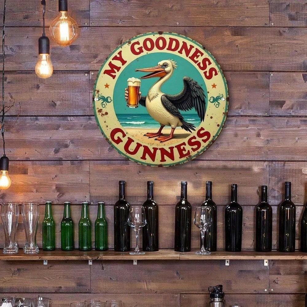 Vintage Metal Tin Sign 20x20cm - Pelican Holding Beer, Round Wall Decor for Bar, Pub, Garage, Man Cave