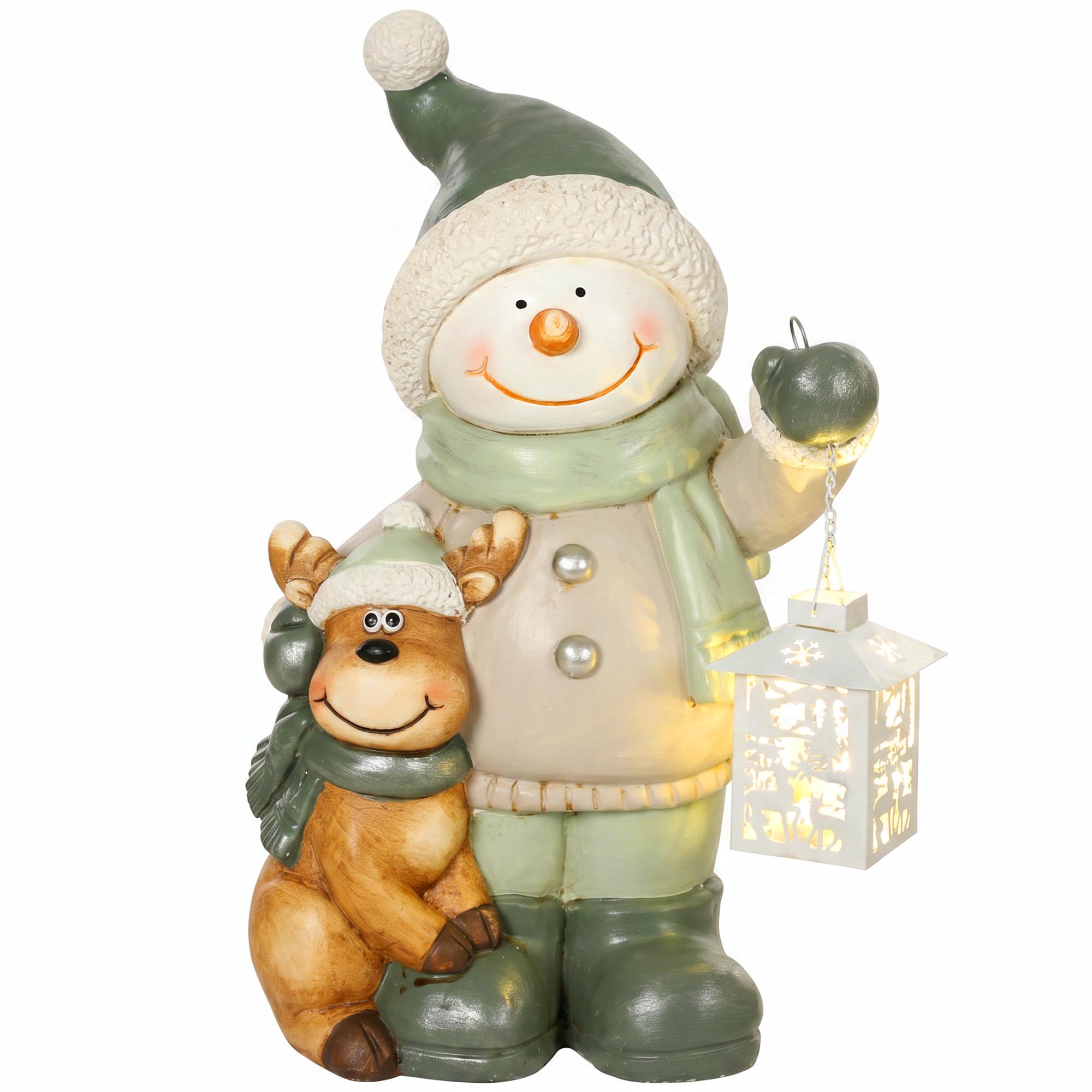 Figurine Bonhomme de Neige 43 cm en Mgo avec Lanterne LED et Minuterie pour Zone d'Entrée et Zone de Porte
