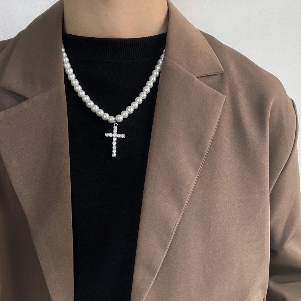 Pearl Cross Pendant Sweet Retro Fashion Necklace Men Necklace Clavicle Choker Korean Style Necklace