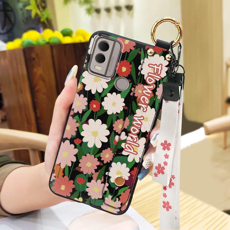 Soft Case Flower Phone Case For Nokia C22 Wristband Durable Ring Waterproof Lanyard Oil Painting Back Cover Silicone