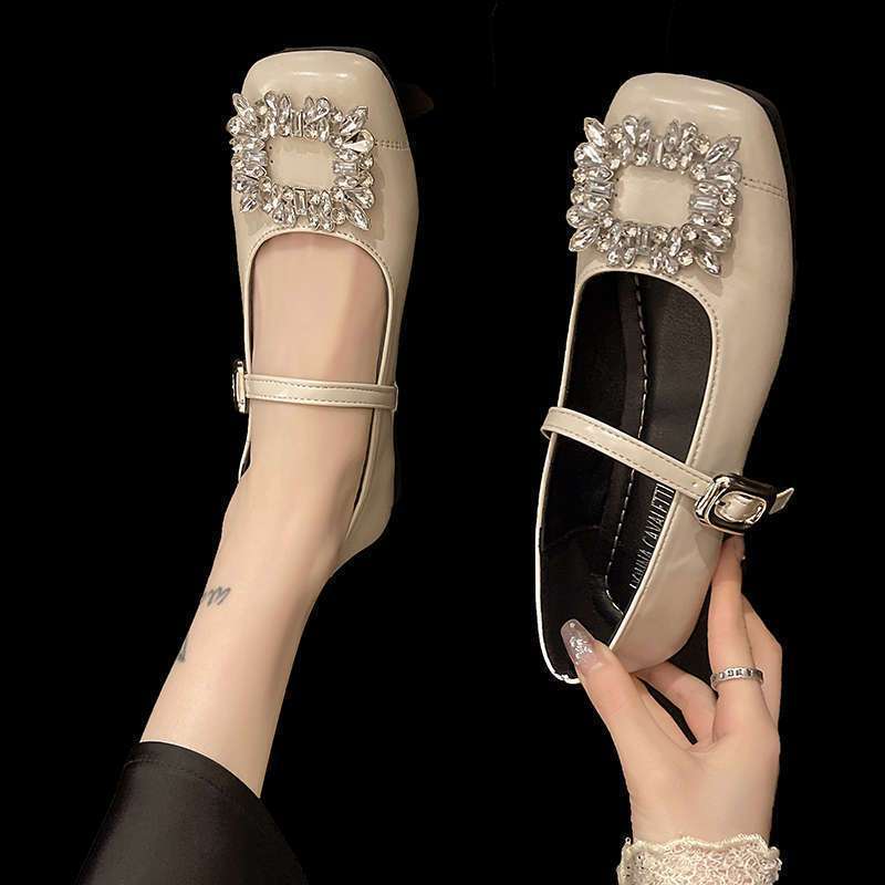 Internet Celebrity Explosion Spring New French Rhinestone Soft Leather Shoes Women's Soft 2025 Flat Shoes Temperament Square Head Mary Jane