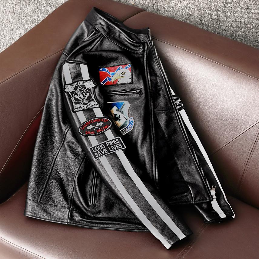 New Multi Logo Genuine Leather Jacket Men Slim Fit Biker Coat Pure Cowhide Short Trendy Outerwear