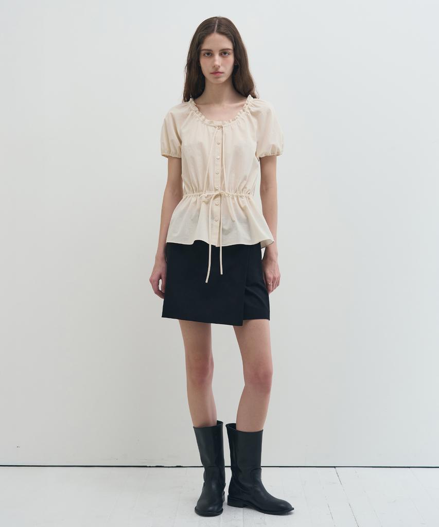 Deuloupisumeon Ribbon Puff Sleeve Blouse [Black]