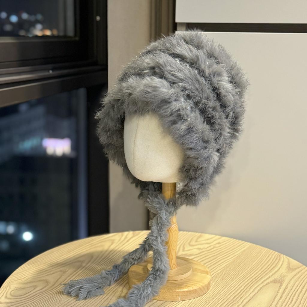 Rabbit fur thick plush ear protection hat, autumn and winter thick warm tassel knitted hat, large head circumference fluffy hat