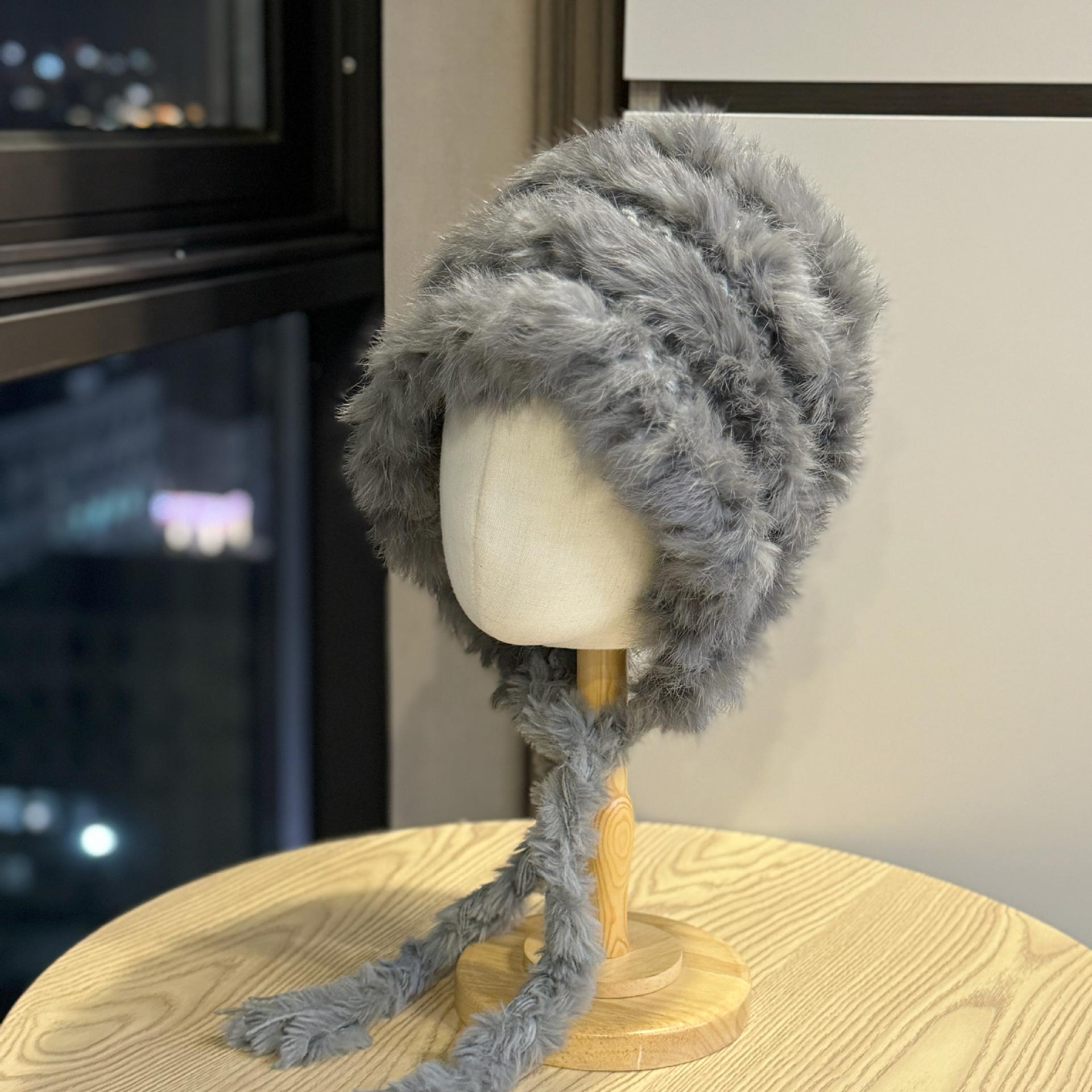 

Rabbit fur thick plush ear protection hat, autumn and winter thick warm tassel knitted hat, large head circumference fluffy hat Adult54-60Average Size сірий колір