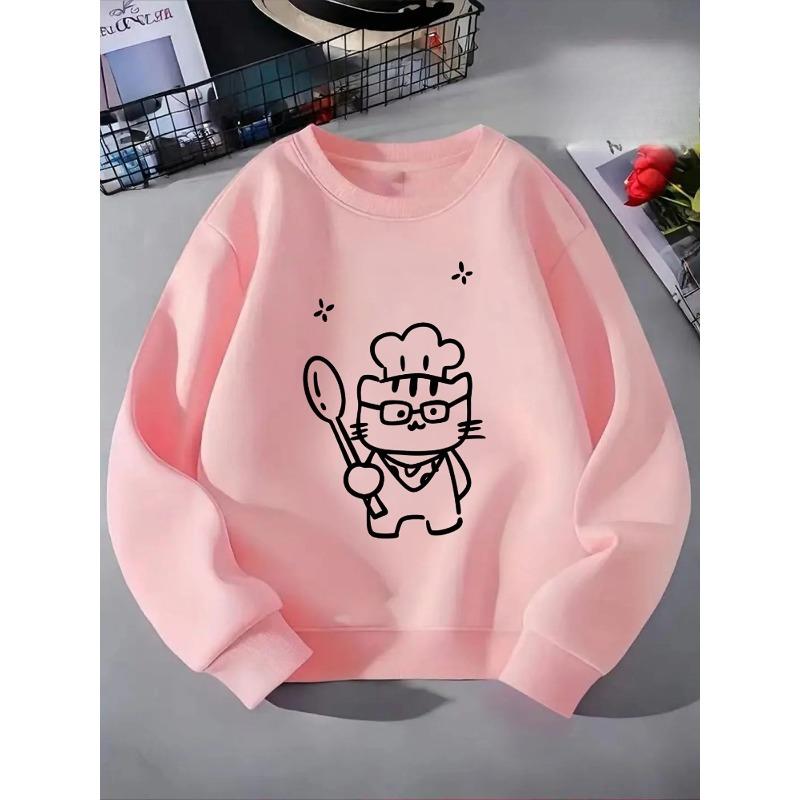 Girls' Crewneck Sweatshirt - Chef Cat with Spoon And Glasses Machine Washable, Spring And Autumn