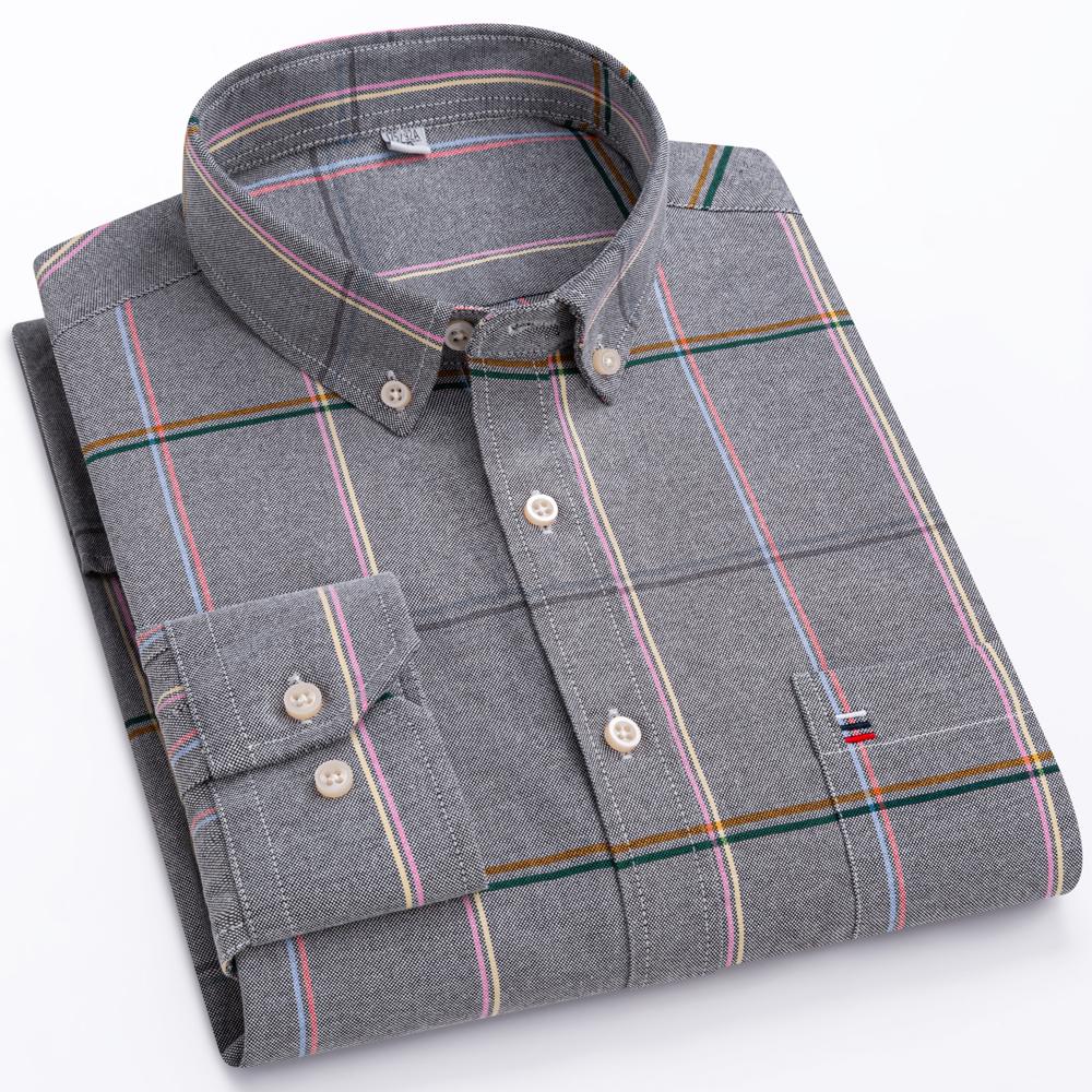 Men's Oxford Long Sleeve Shirt 100% Cotton Wrinkle Resistant & Breathable, Solid Plaid Striped Comfort Casual Button-down Shirts