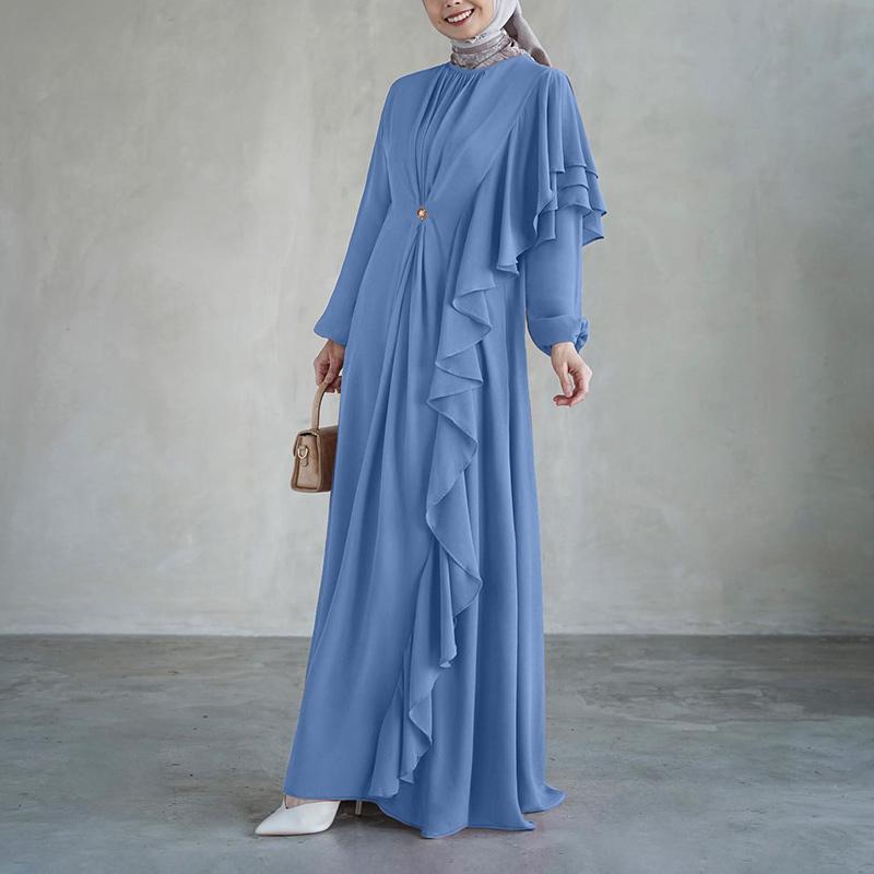 ZANZEA Women Casual Round Neck Long Sleeve Loose Ruffles Splice Long Dress