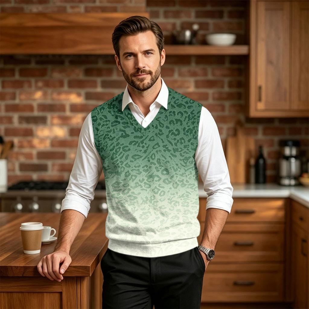Men's V-Neck Knit Vest, Wool Sleeveless Sweater Vest, Leopard Print, Casual Wear
