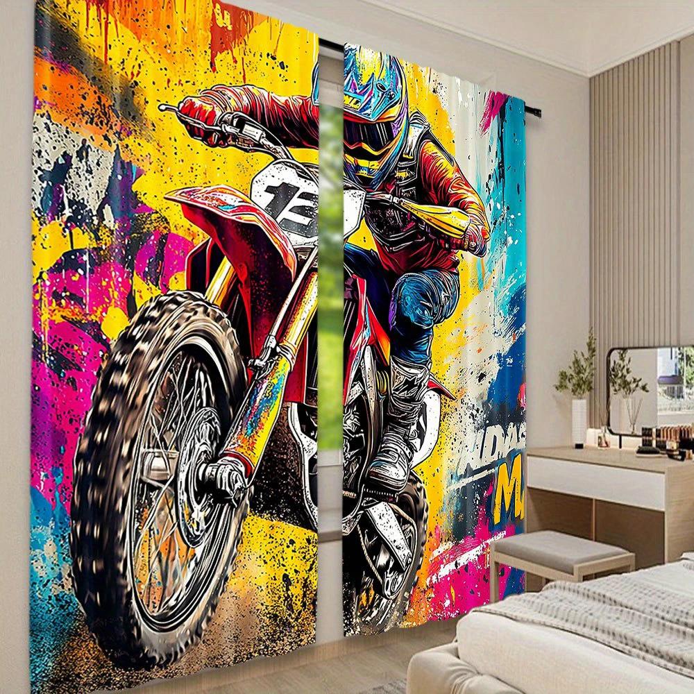 2pcs- Off-road Motorcycle Modern Style Color-blocking Art Printed Curtains, Pole Bag Home Decoration, Room Decoration