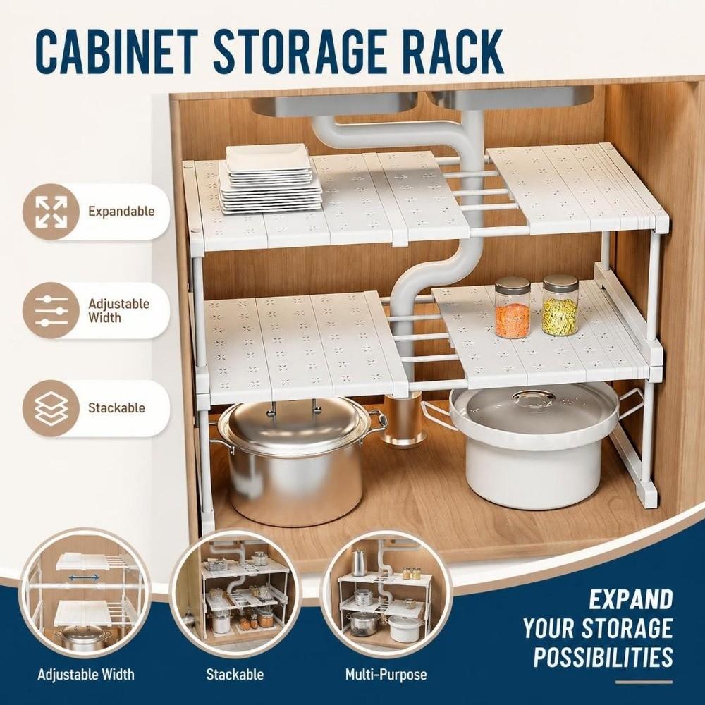 Expandable Cabinet Storage Rack Adjustable Width Cabinet Storage Layer Kitchen
