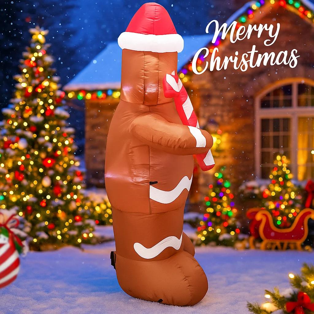 4.9FT LED Inflatable Xmas Yard Decor Gingerbread Man with Candy Cane Outdoor Lawn Garden Supplies Home Decor Ornaments Toy Gifts