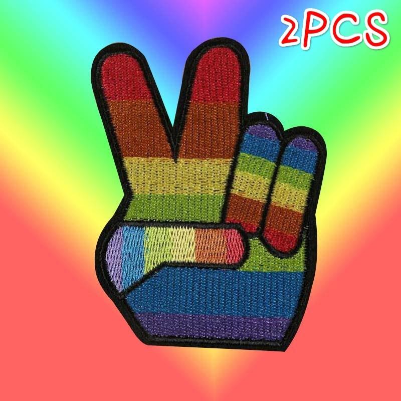 2Pcs Rainbow Peace Sign Hand Victory & LGBT Pride Peace Fingers Embroidered Patch Iron On Applique