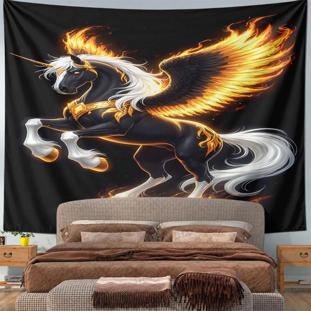 Flaming Winged Unicorn on Black Background Pattern Wall Hanging Tapestry Decorative Tapestry Home Decor for Bedroom and Living Room