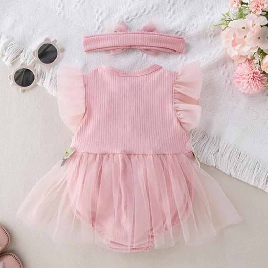 Neue Baby Mädchen Mesh Ha Kleid Mode Niedlichen Blume Blume Fliegen Sleeve Overall Haar Zubehör