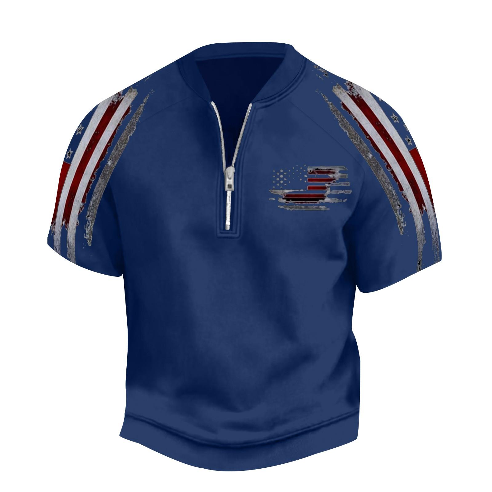 

Мужская летняя винтажная футболка с полумолнией и принтом флага Дня независимости с коротким рукавом XL