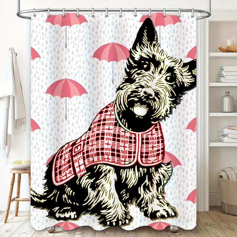 Vibrant Umbrella Print Dog Shower Curtain Perfect for Bathroom Decorations Red Plaid Shirt Cute Scottish Terrier Home Decoration