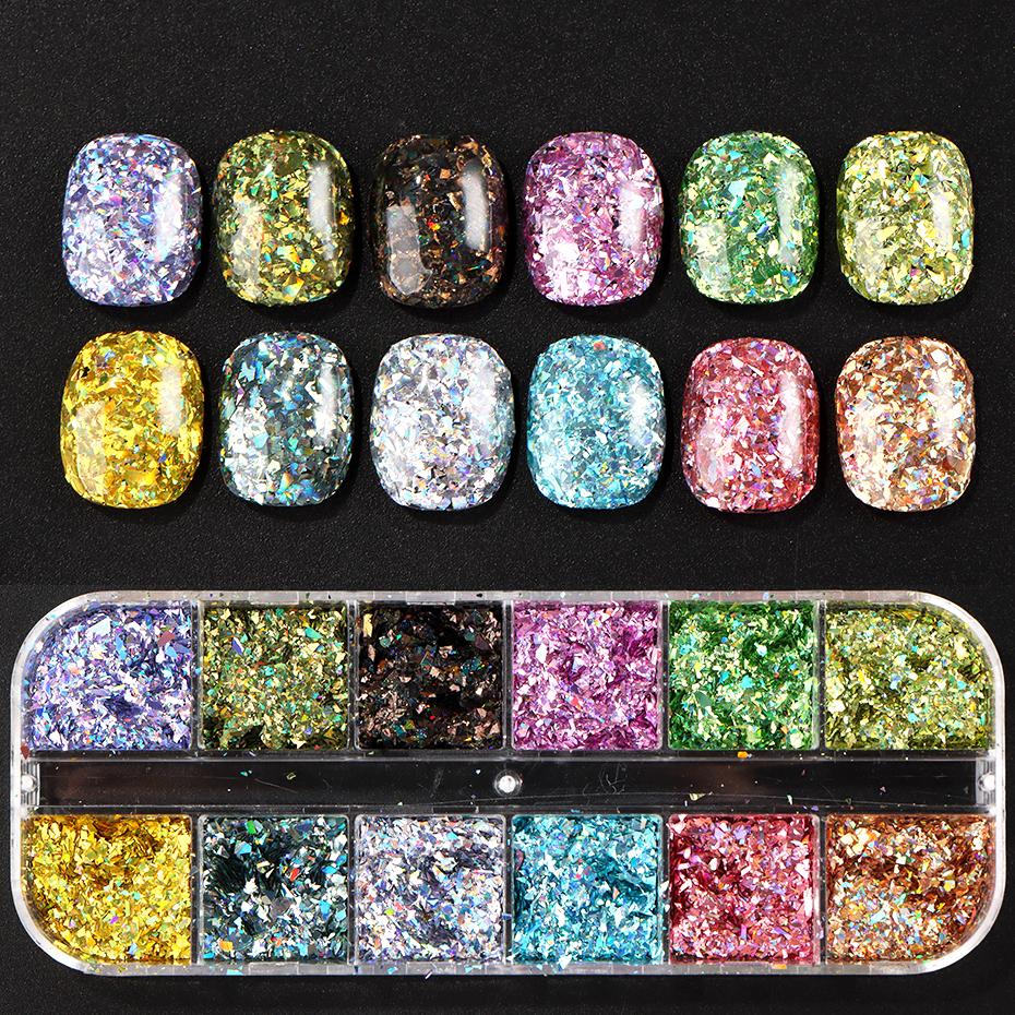 Xiaomi 12 Grids Holographic Glitter Nail Art Sequins Sparkly Irregular Nail Flakes Powder Nail Art Mermaid Makeup Manicure Decorations