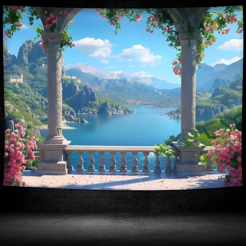 2D European Garden View Tapestry, Aesthetic Nature Landscape Wall Art for Room Decoration