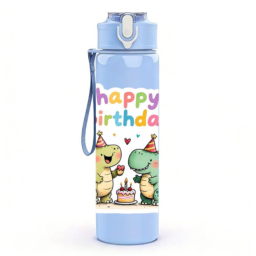 1PC Happy Birthday Dinosaur Party Print 750ml Color Plastic Sports Water Bottle Leakproof Flip Straw Lid Suitable for Sports Office Home Use