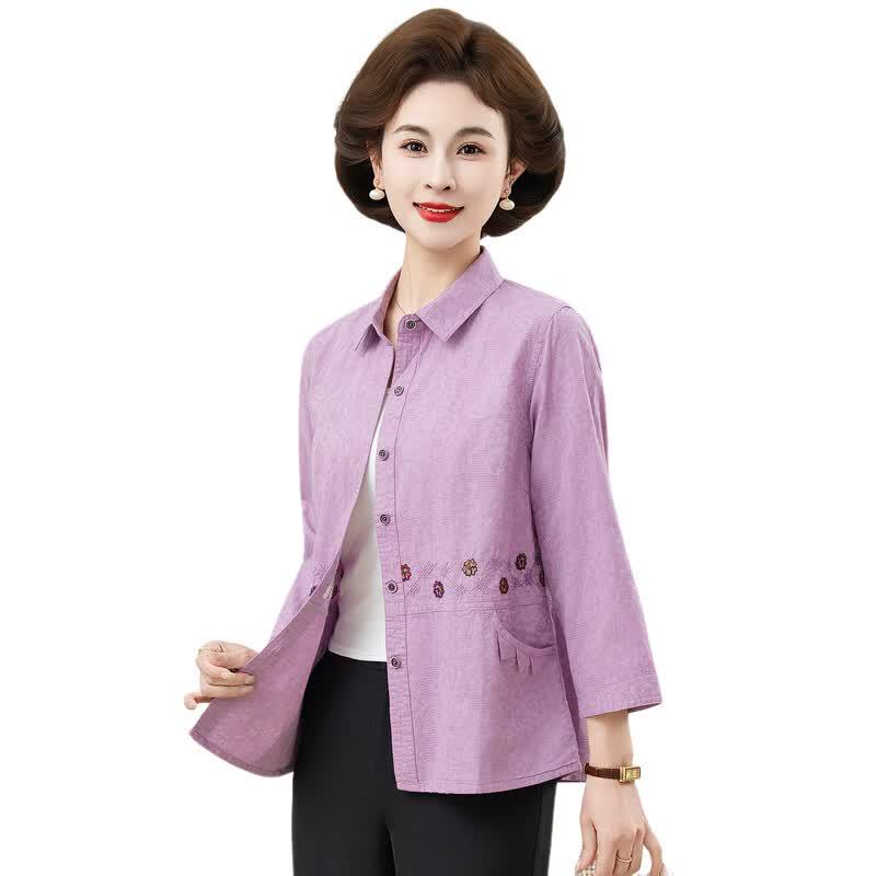 Yalu Women's Embroidered Cotton 3/4 Sleeve Cardigan Shirt