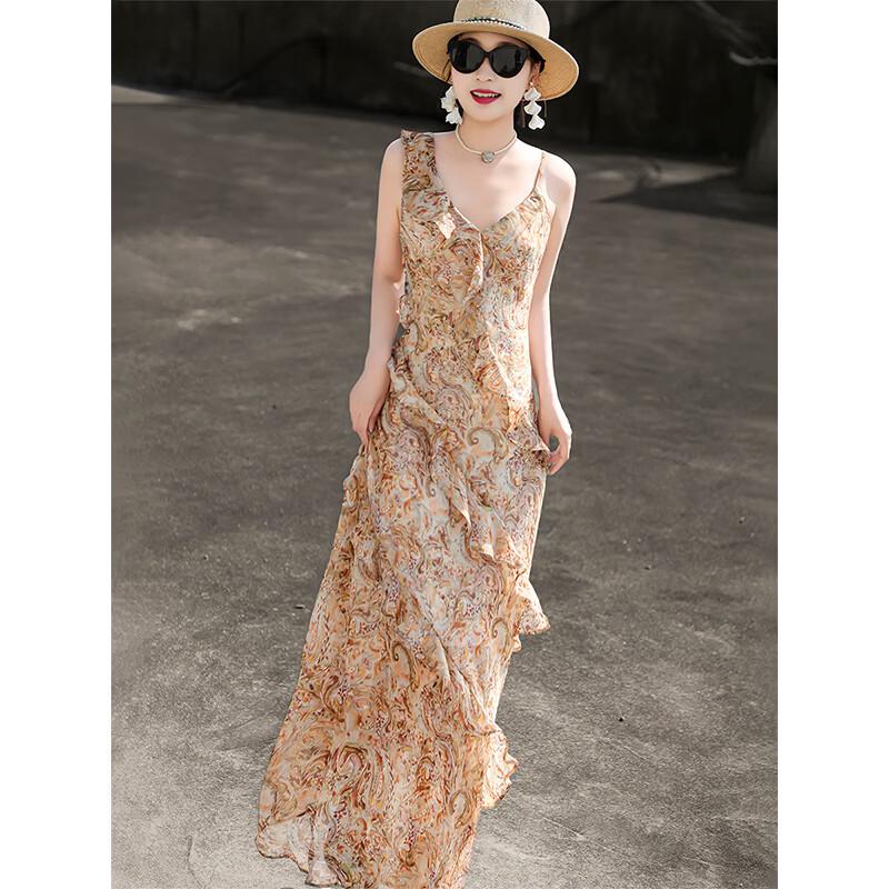 Lanser Women's French Romantic Ruffle Printed Maxi Dress