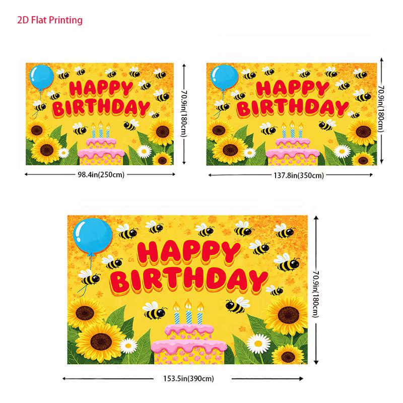 2D Yellow Bee Birthday Backdrop, Sunflower Happy Birthday Background for Photoshoot