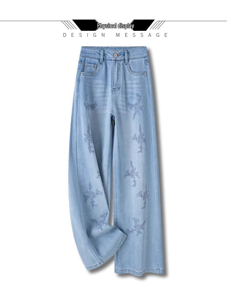 2025 Chinese Style Embroidered Wide-Leg Summer Jeans for Women - Trendy Petite Straight-Leg Design