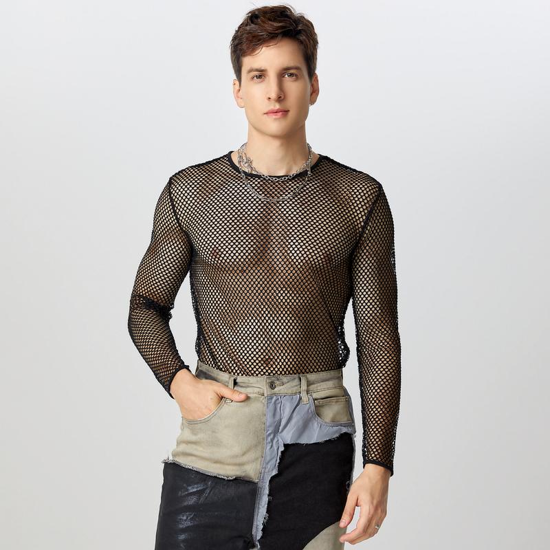 INCERUN Herren Langarm Mesh Skinny Tops Durchsichtige T-Shirts