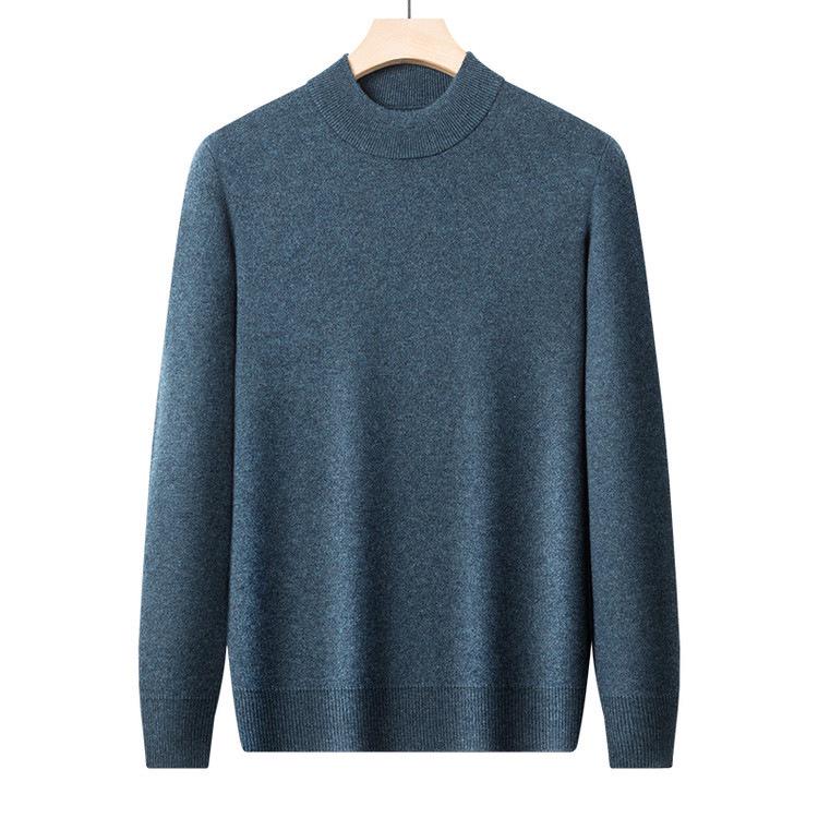 Men's 520g Semi-Worsted Wool Sweater - Autumn/Winter Thick 100% Sheepswool, Semi-High Collar, Four-Thread