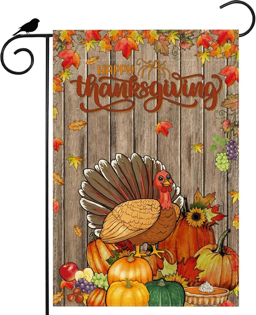 Happy Thanksgiving turkey Pumpkins Maple Leaves Fruit Harvest Fall Garden ag Yard ag 12x18 Inch Double Sided Small Mini SSL