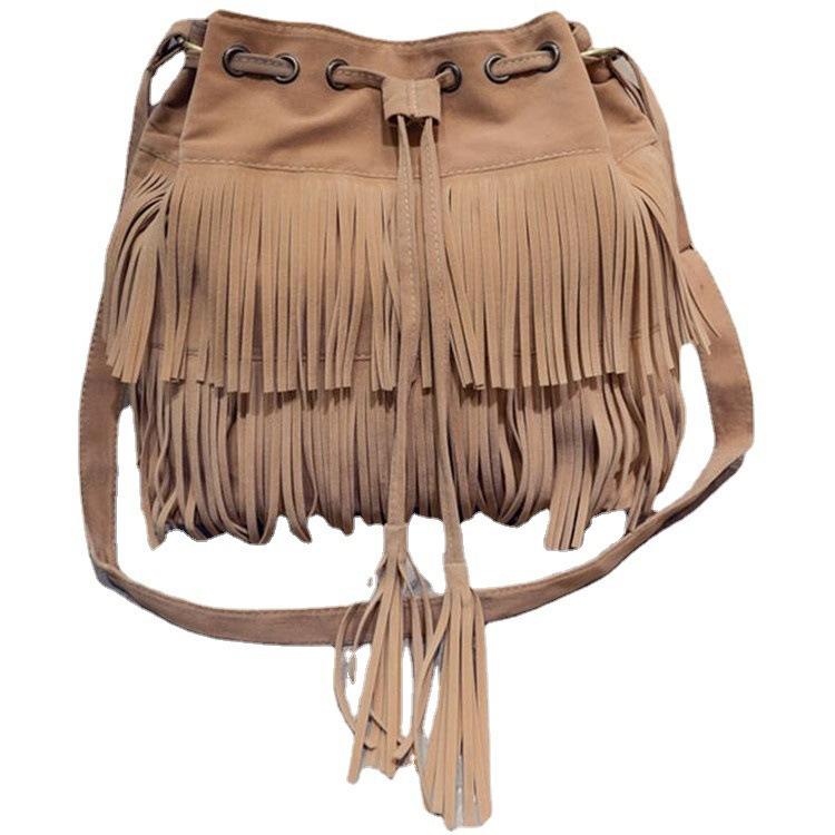 Simple Retro Fringed Drawstring Bucket Fringed Bag Shoulder Messenger Women'S Bag Simple And Fashionable