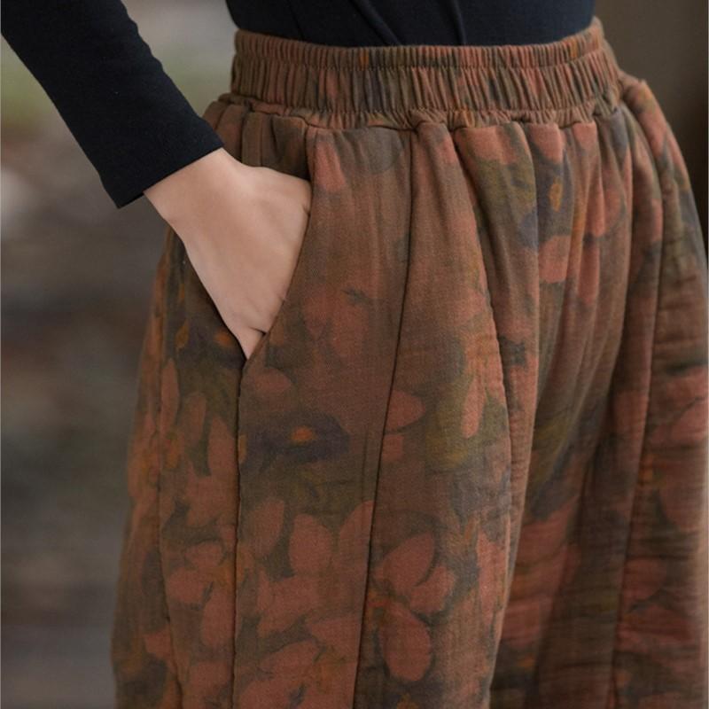 Johnature Women Vintage Print Floral Winter Pants Elastic Waist Pockets Trousers Warm Bloomers Pants