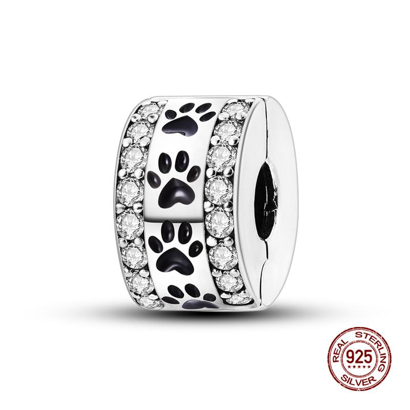 Original Charms Copper Paw Print Pave Fixing Clip Charms Beads Fit 3Mm Original Bracelet Women Diy Jewelry Gifts