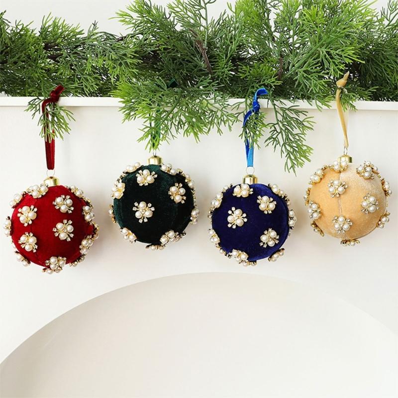 Christmas Tree Ornament Ball with Fabric, Trim Pattern and Ribbon Loop for Home Display Scenes and Seasonal Room Use