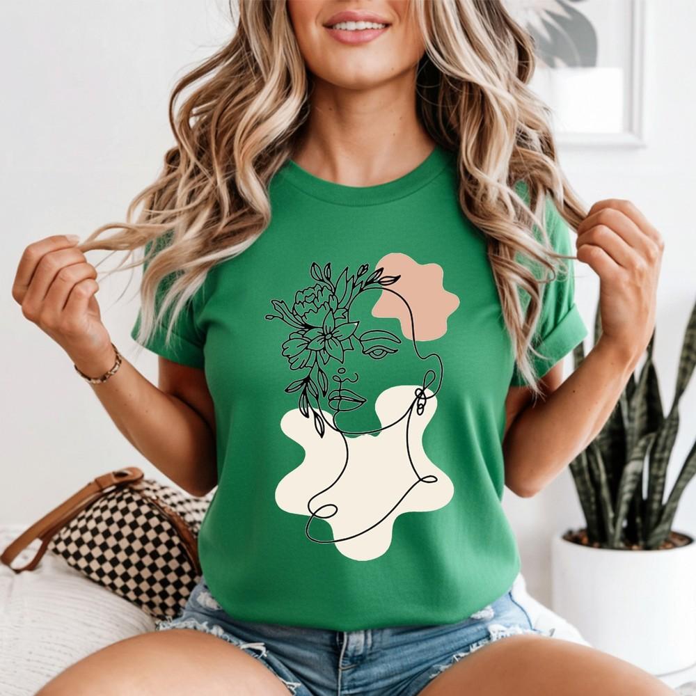 Unisexs Abstract Face Line Art T Shirt Unisex With Flowers Minimalist Tee 2XL
