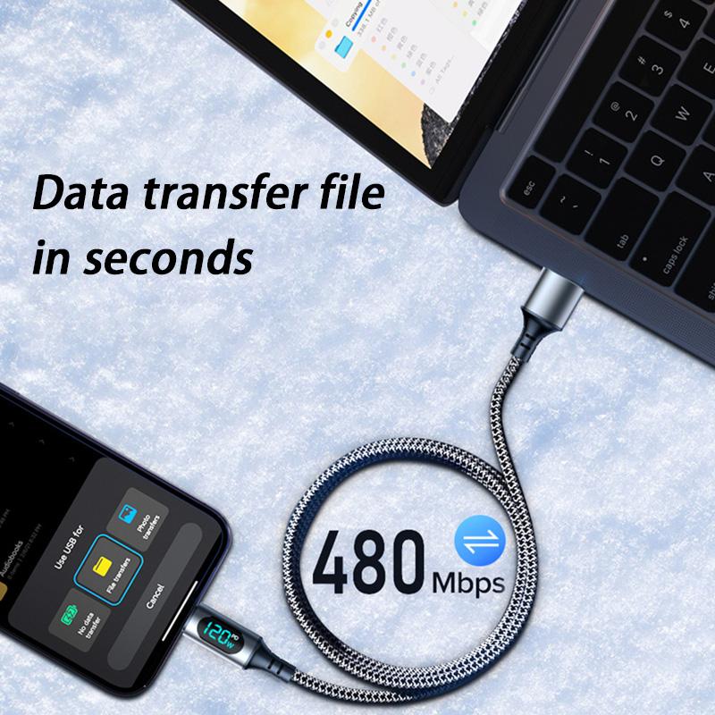 Ultra-Super Fast Charge Cable-6A 120W USB A To Type C Nylon Data Cord For Xiaomi Redmi Samsung With Led Digital Display Cable