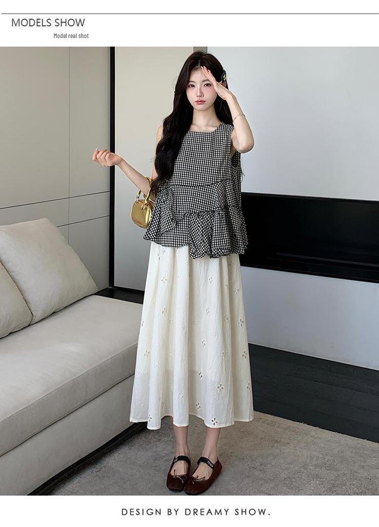 2026 Summer Plaid Sleeveless Maternity Top & Apricot Hollow-Out Skirt Set