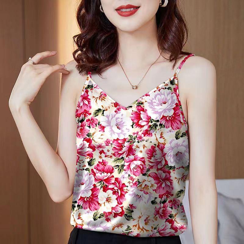 

Женская майка-комбинезон с цветочным принтом, летняя, новая, с V-образным вырезом, свободная, тонкая, без рукавов, нижняя часть 4XL красный