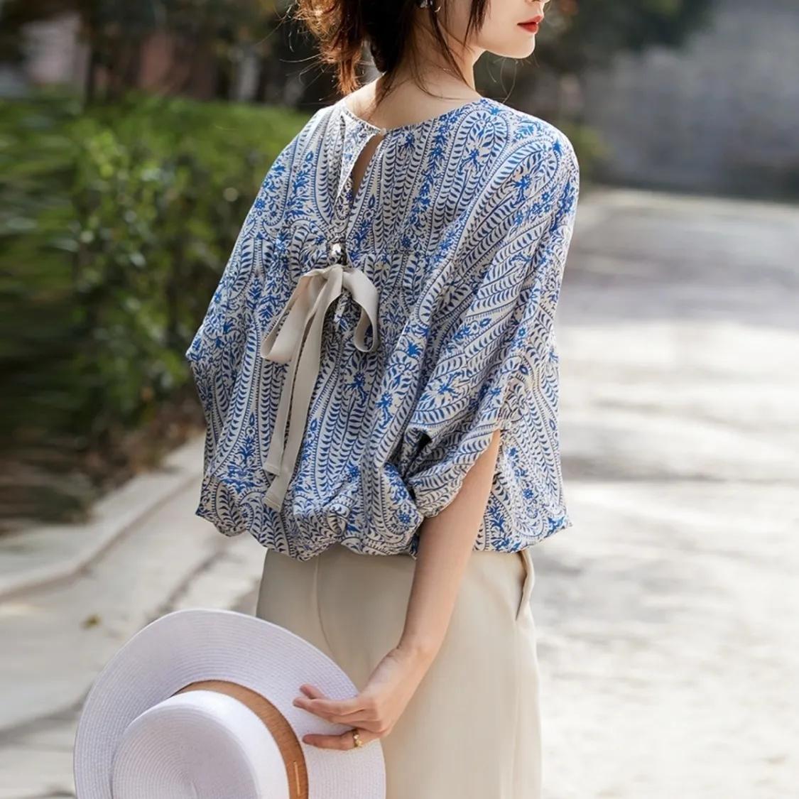 

Летние женские элегантные блузки с винтажным бантом и принтом в виде повязки, офисные женские повседневные топы с рукавами «летучая мышь» XS синий