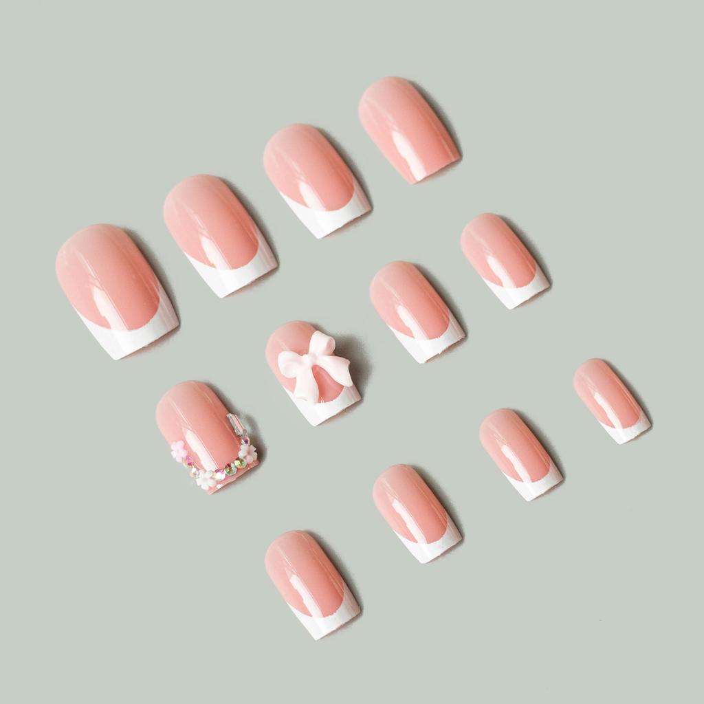 Pink Press on Nails with French White Tip Reusable Long Lasting Press on Nails for Women and Girl Nail Salon