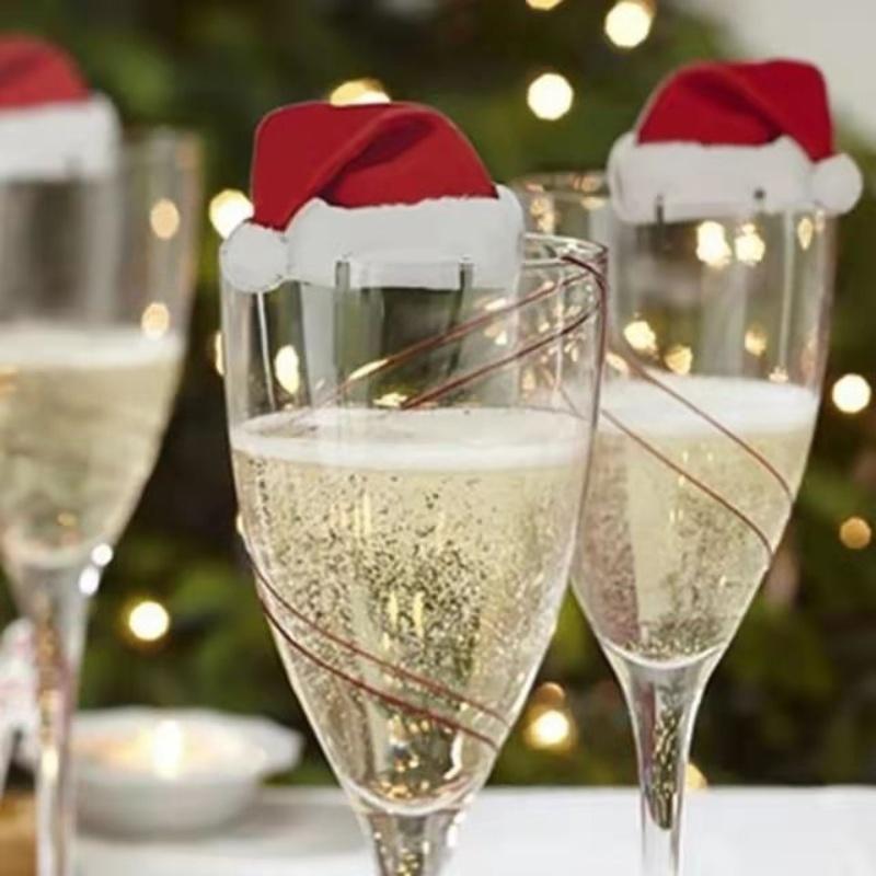 30pcs Christmas Cup Card Wine Glass Santa Hat Decoration Cards Champagne Glass Paper Labels New Year Dinner Table Ornaments