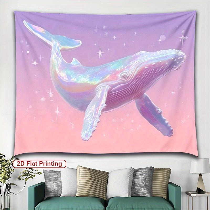 Holographic Whale Tapestry  Iridescent Pink and Purple Ocean Scene Dreamy 2D Art Wall Hanging  for Bedroom or Dorm Decor
