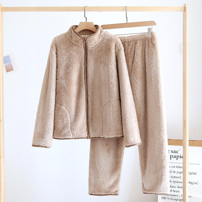 New coral fleece pajamas women's autumn and winter thickened warm zipper flannel Japanese solid color loungewear set