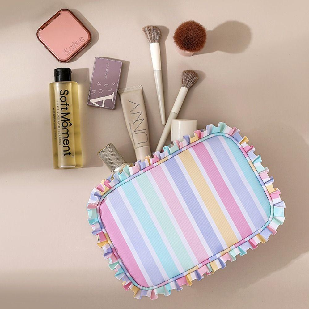 Ruffle Decoration Cosmetic Bag Striped Travel Pouch Multipurpose Makeup Organizer  Women