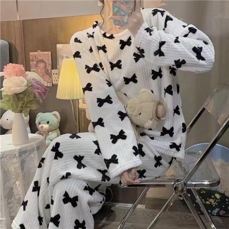 Women's Coral Fleece Winter Pajama Set - Bow Print, Plus Size, Velvet Thick, Casual Lazy Home Wear
